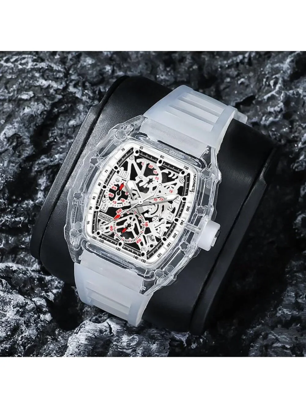 Stylish Hollowed Men’s Quartz Watch - Transparent Tonneau, Waterproof, Date